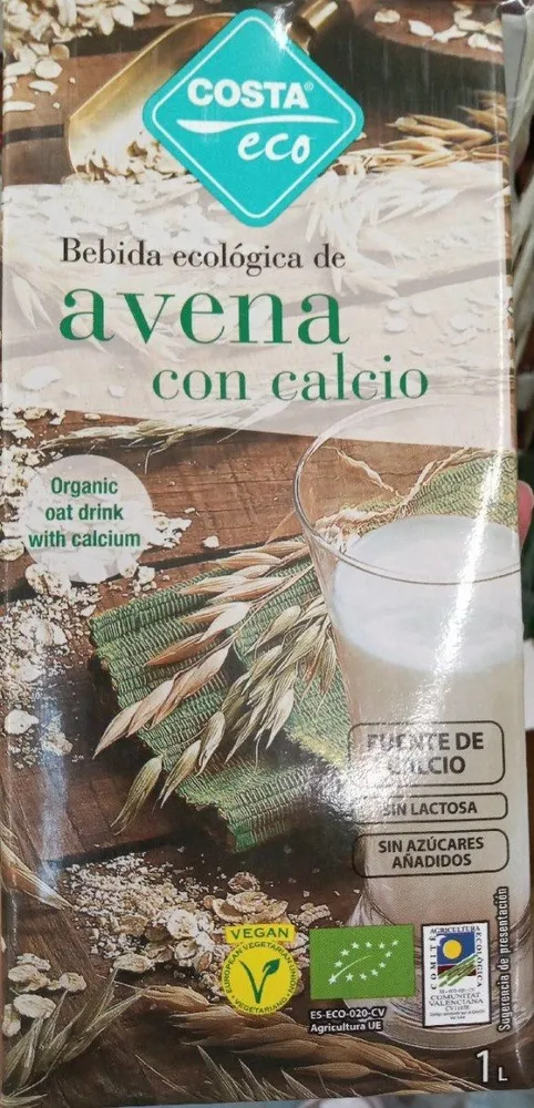 Bebida ecológica de avena con calcio