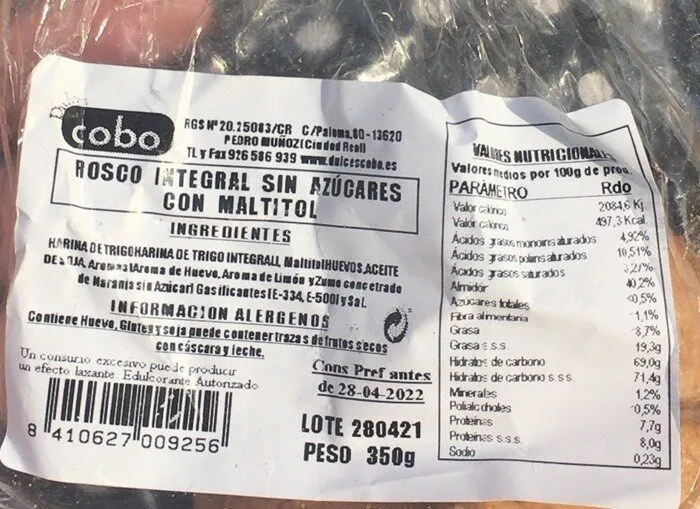 Rosco integral sin azúcares con maltitol