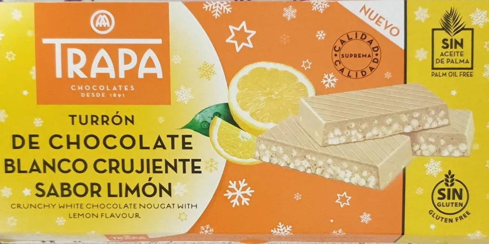 Turrón de chocolate blanco crujiente sabor limón