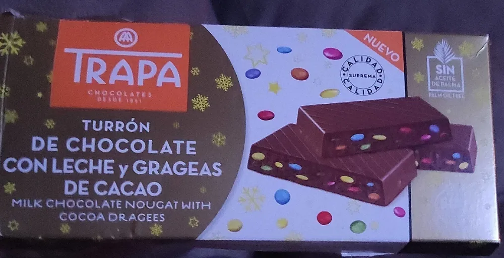 Turrón chocolate leche y grageas de cacao