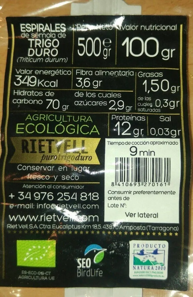 espirales de semola de trigo duro