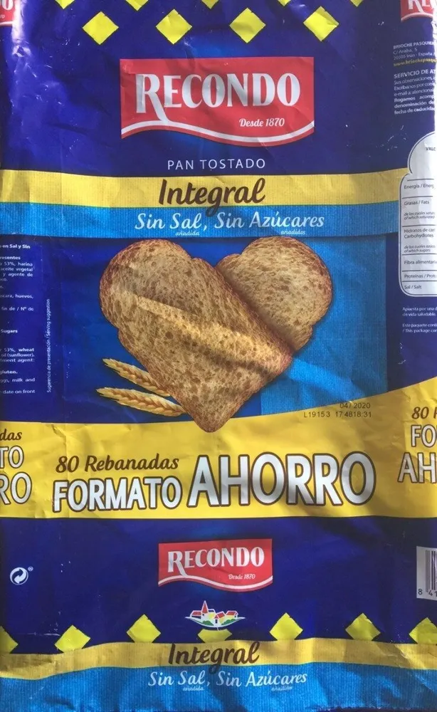 Pan tostado integral sin sal, sin azucares