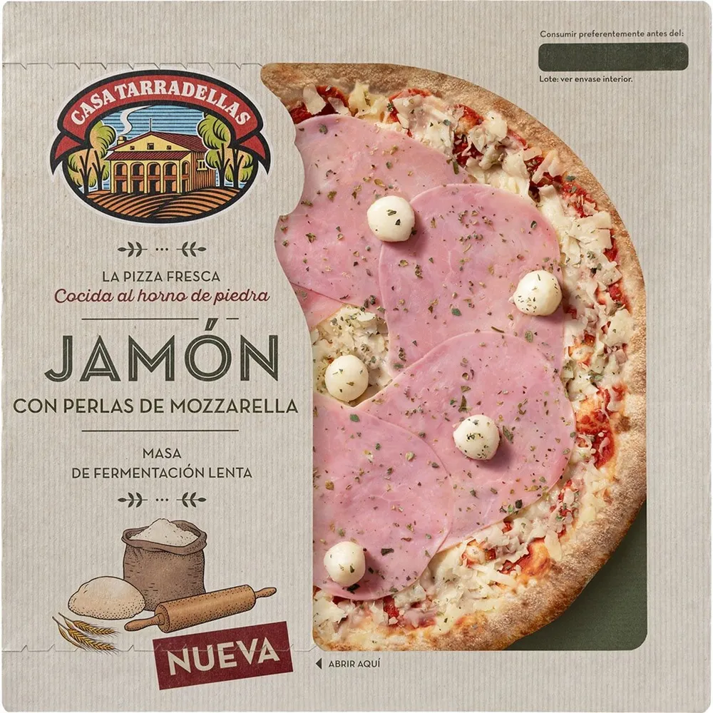 Pizza fresca jamón con perlas de mozzarella