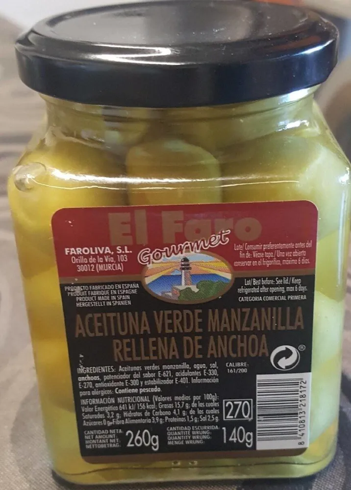 Aceituna verde manzanilla rellena de anchoas