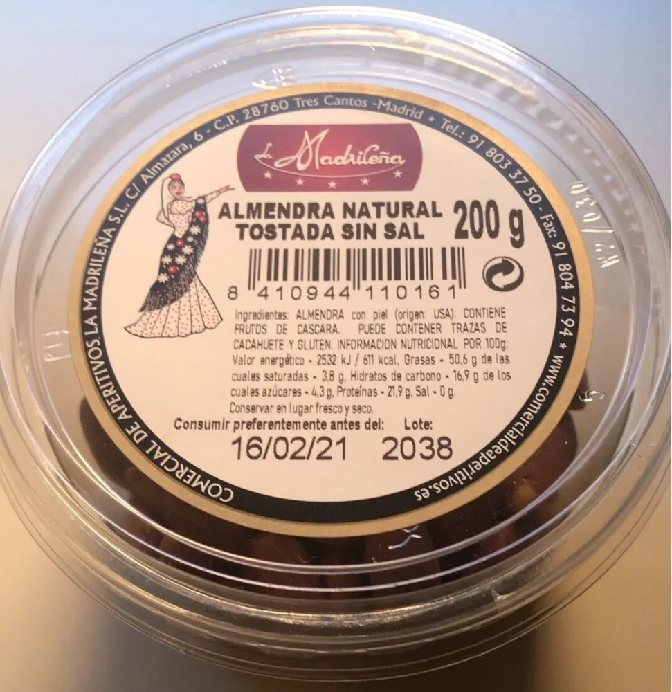 Almendra natural tostada sin sal