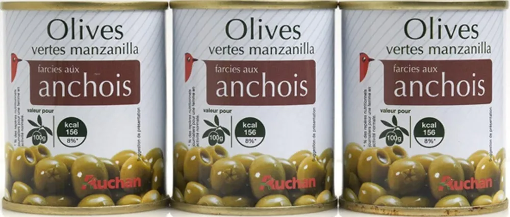 Auchan olives manzanilla vertes farcies anchois boite 3x50g