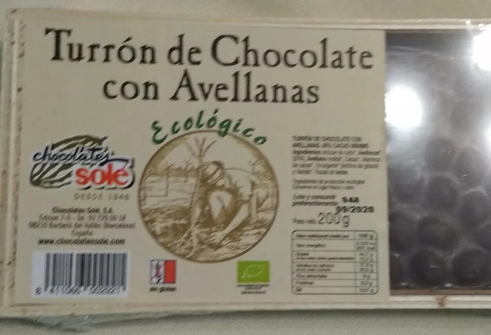 Turrón de chocolate con avellanas ecológico