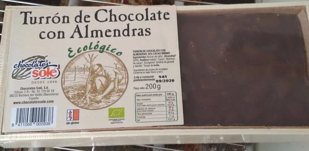 Turrón de chocolate con almendras ecológico