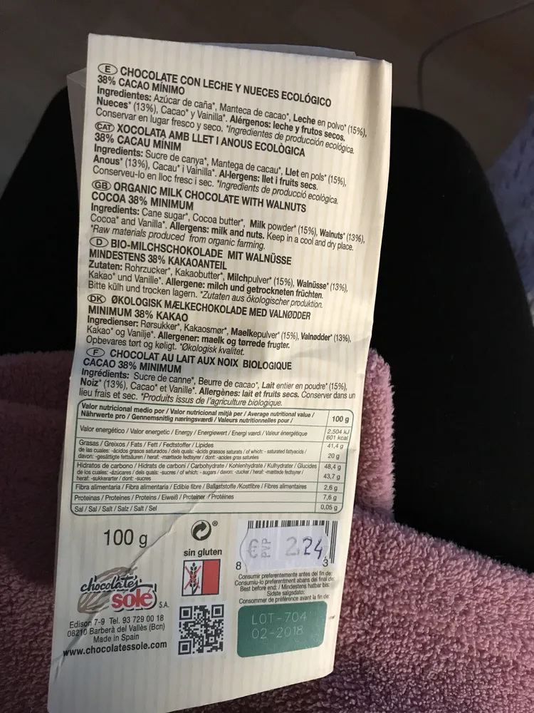 Chocolate con leche y nueces ecológico
