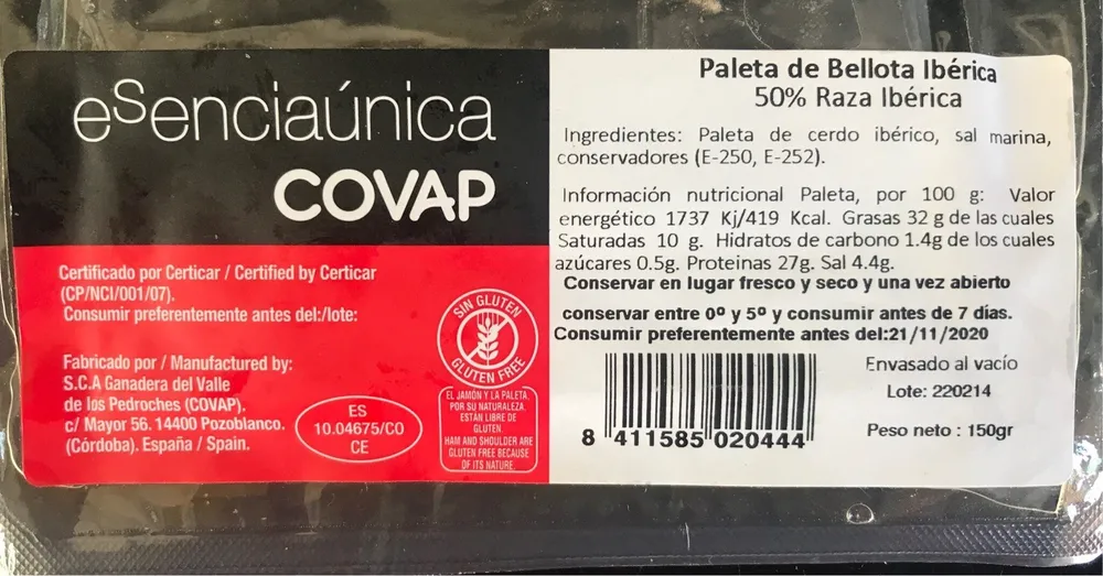 Paleta de Bellota Iberica 50% Raza Iberica