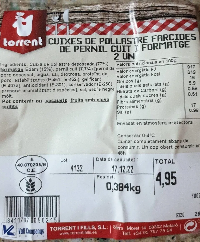 Cuixes de pollastre farcides de pernil i formatge