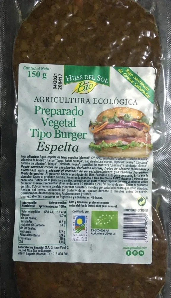 Preparado vegetal tipo burger espelta