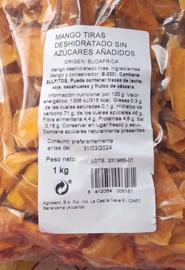 Mango tiras deshidratado sin azúcares añadidos