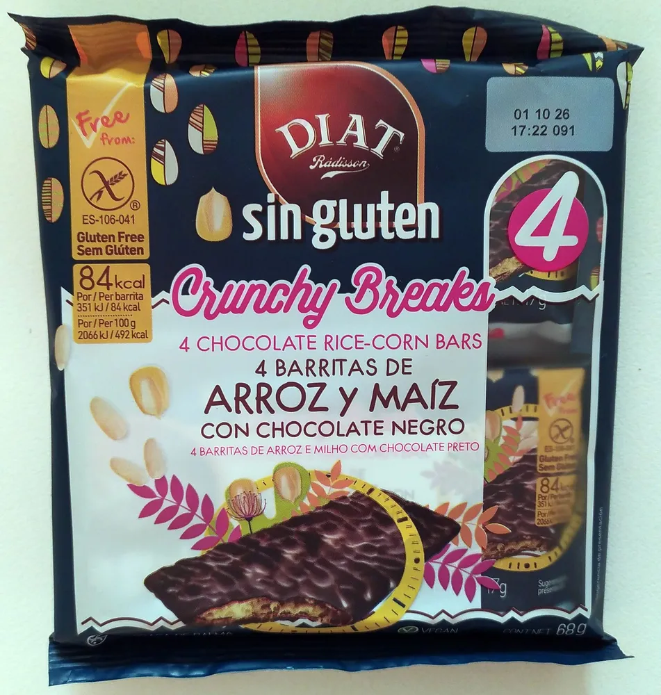 Crunchy Breaks: 4 barritas de arroz y maíz con chocolate negro