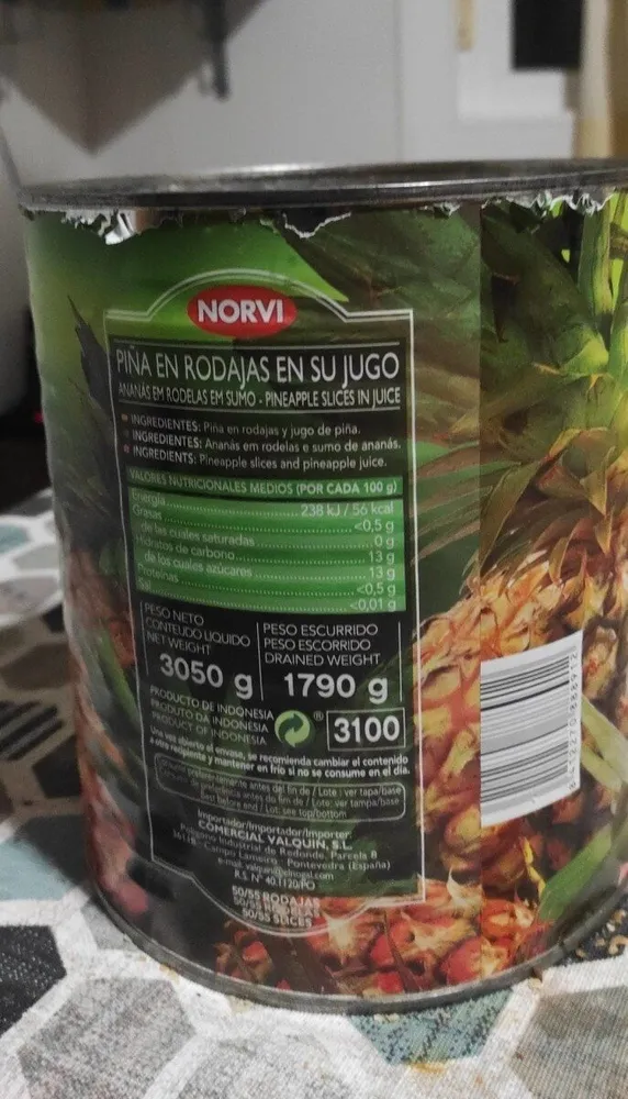 Piña en rodajas en su jugo