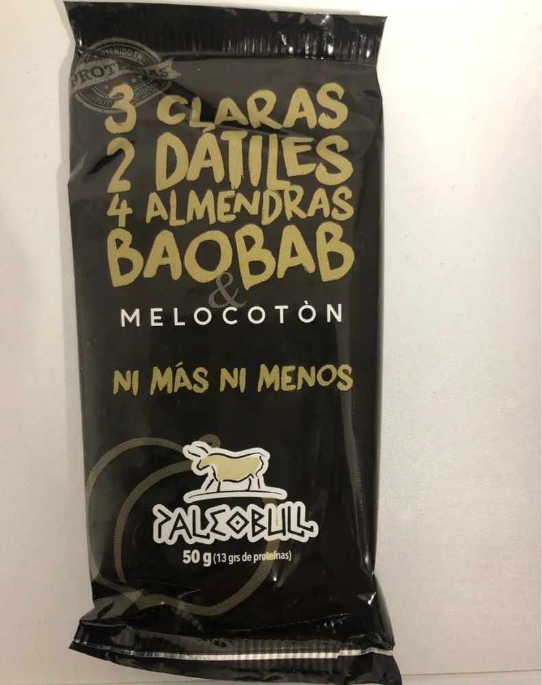 3 claras, 2 dátiles, 4 almendras, baobab y melocotón