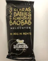 3 claras, 2 dátiles, 4 almendras, baobab y melocotón