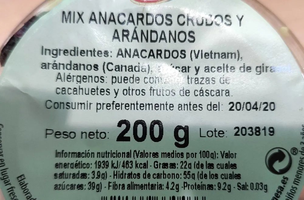 Mix anacardos crufos y arándanos