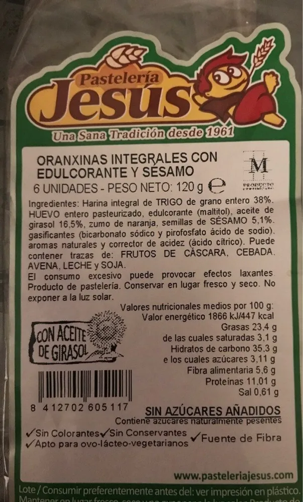 Oranxinas integrales con edulcorante y sesamo