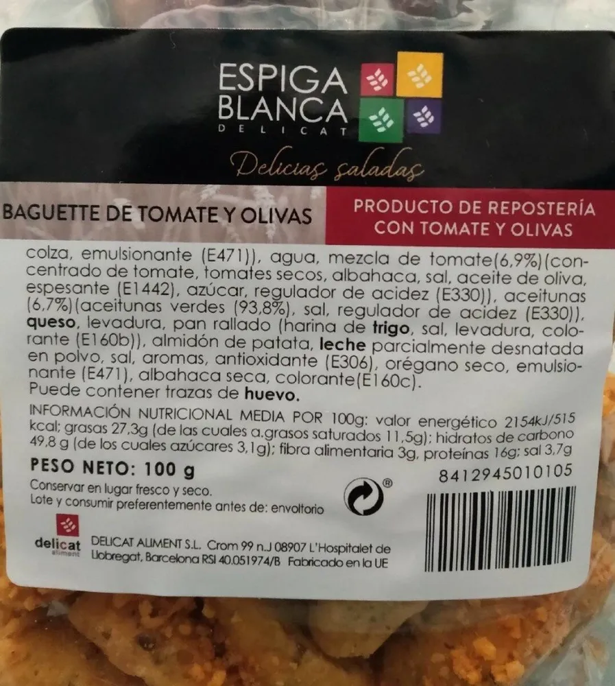 Baguette de tomate y olivas