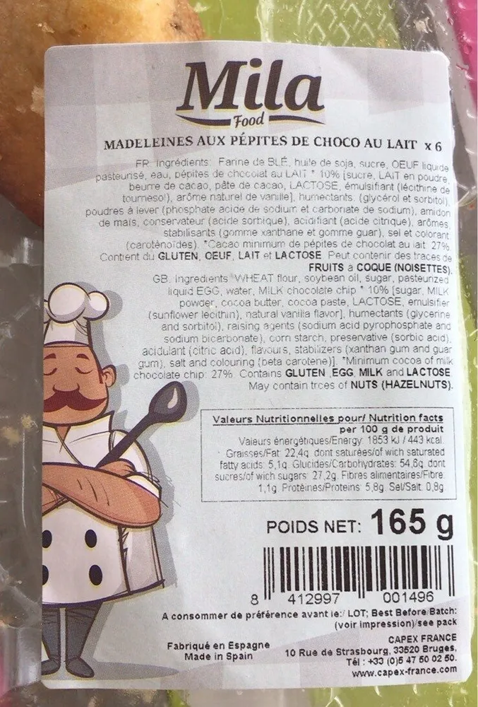 Madeleine pepites chocolat au lait