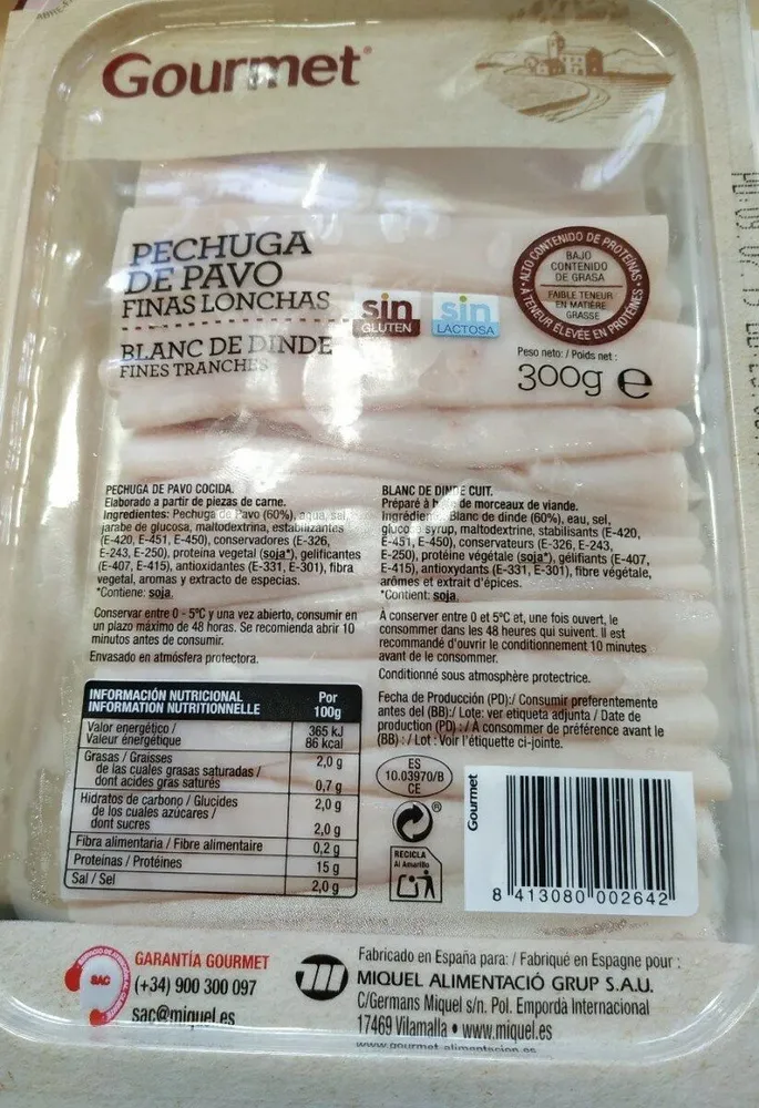 Pechuga de pavo finas lonchas gourmet