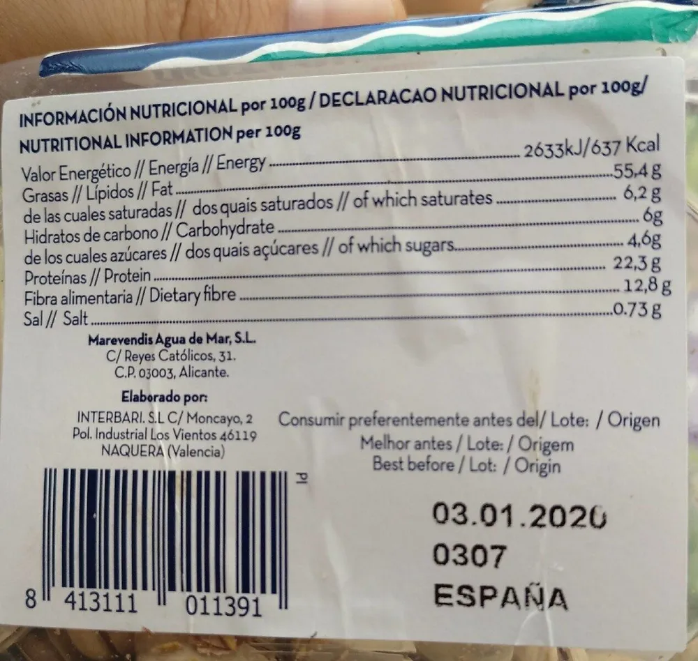 Pistachos elaborados con agua de mar tarrina