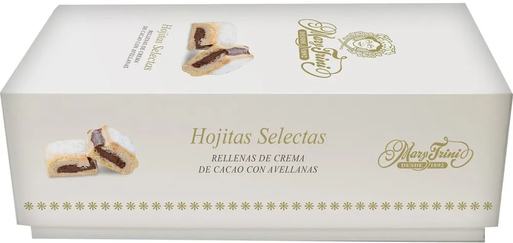 Hojitas selectas rellenas de crema de cacao con avellanas