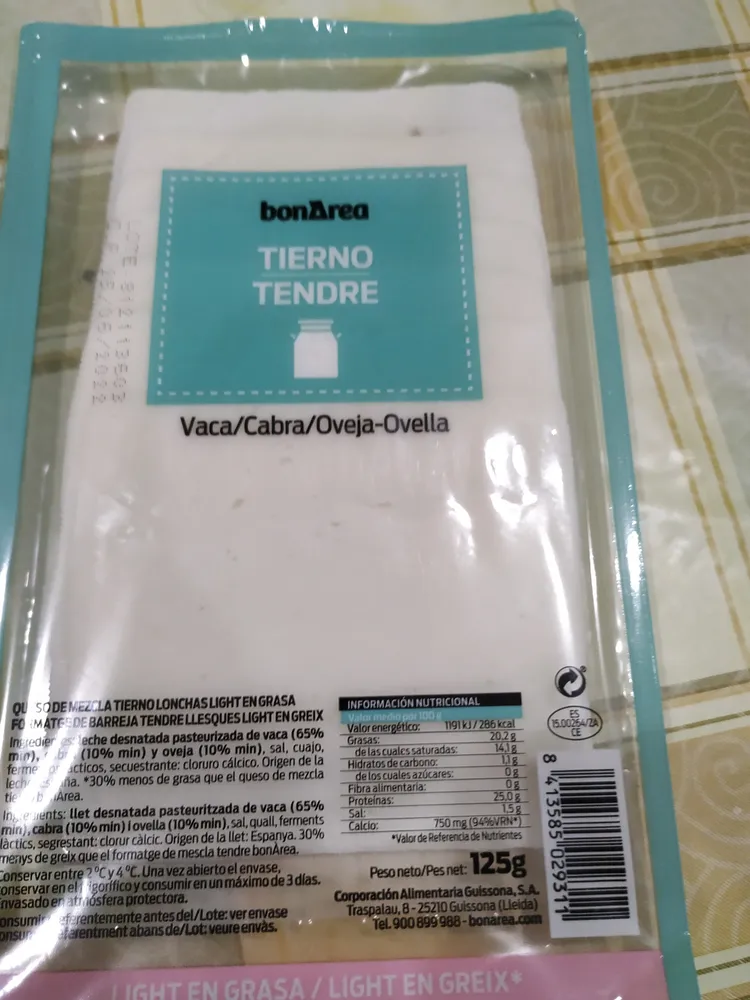 Queso tierno lonchas mezcla (Vaca/Cabra/Obeja) light en grasa