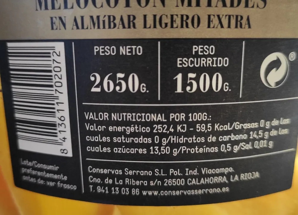 Melocotón mitades en almibar