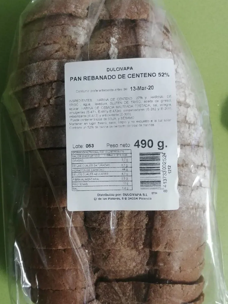 Pan rebanado de centeno 52%