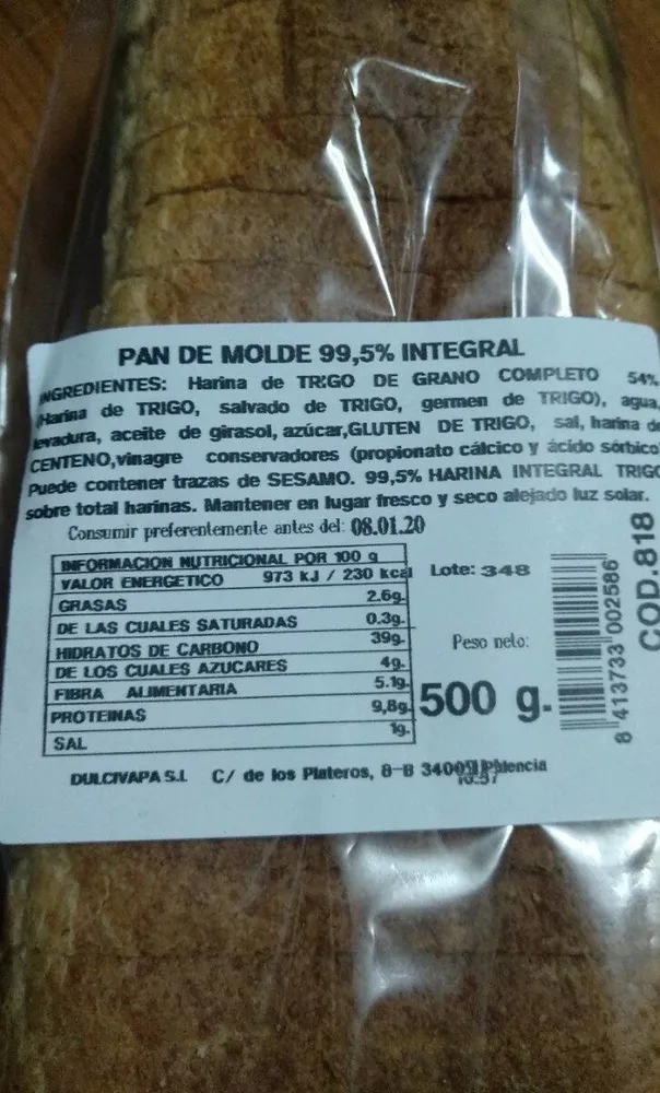 Pan de molde 99,5% integral