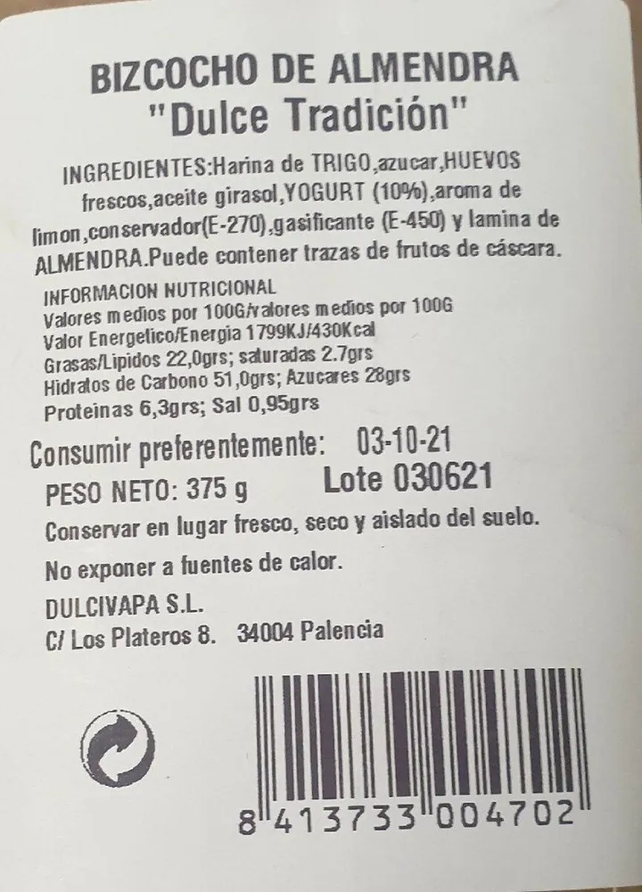 Bizcocho de almendras envase 375g