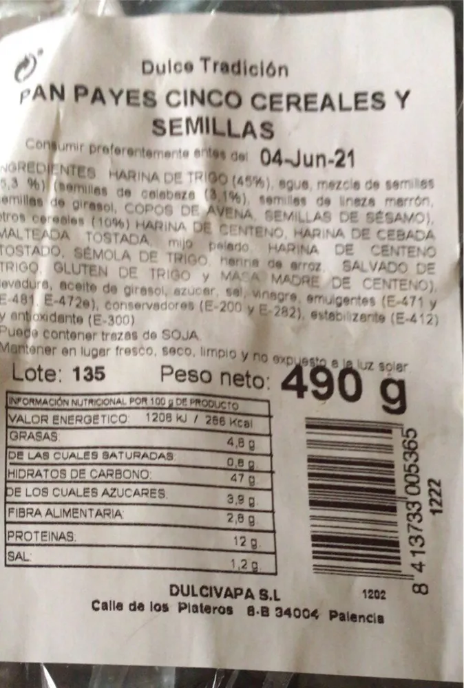 Pan payes cinco cereales y semillas