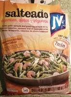 Salteado de gambas, ajetes y trigueros