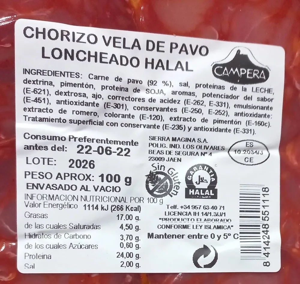 Chorizo vela de pavo loncheado halal