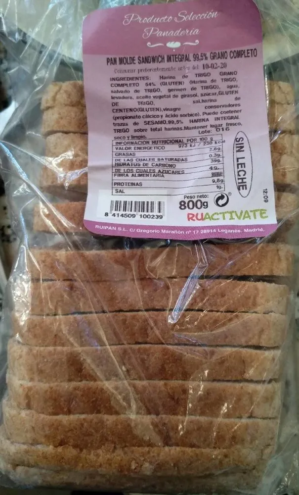 Pan de molde integral 99,5% grano completo