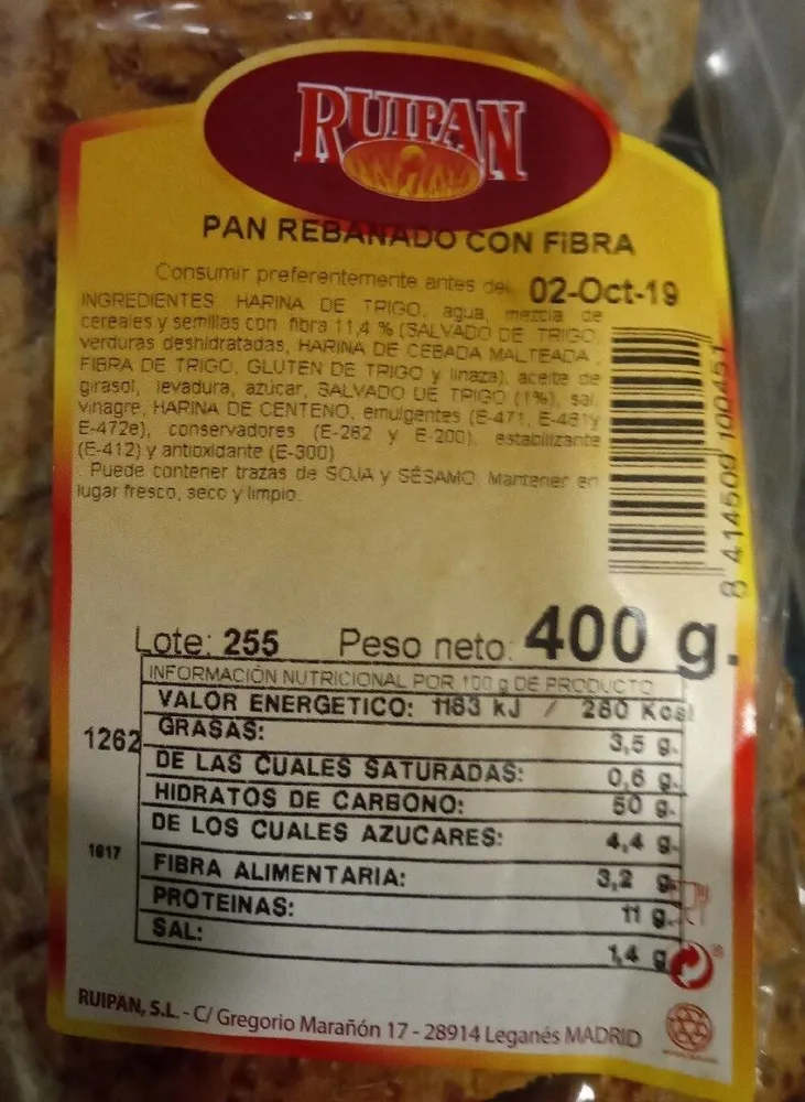 Pan rebanado con fibra