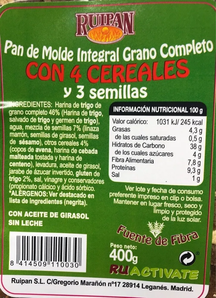 Pan de molde integral con 4 cereales y 3 semillas