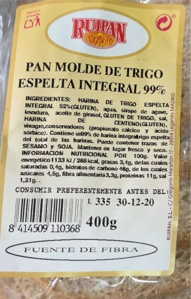 Pan de molde de trigo espelta integral
