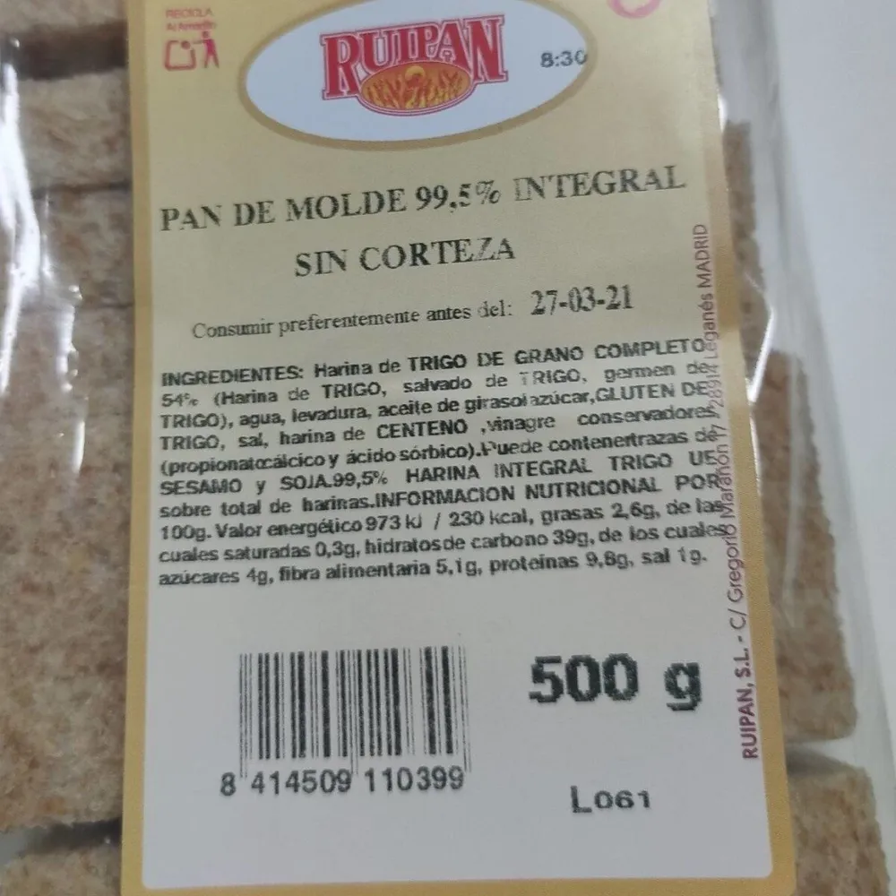 Pan de molde integral sin corteza