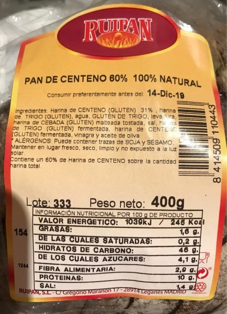 PAN CENTENO 60% 100% NATURAL