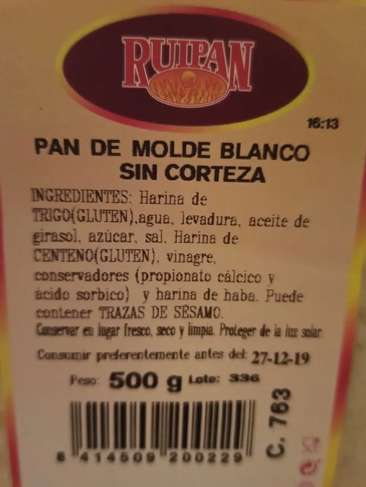 Pan de molde blanco sin corteza