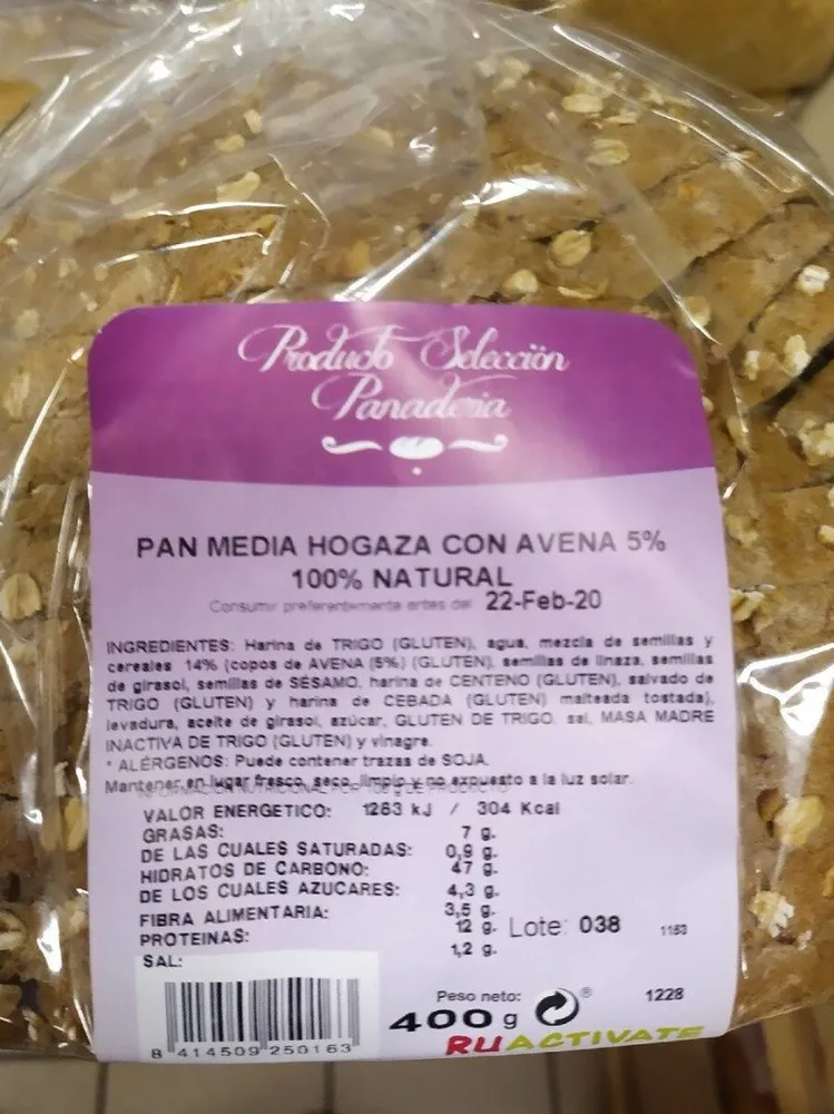Pan media hogaza con avena 5% -100% natural