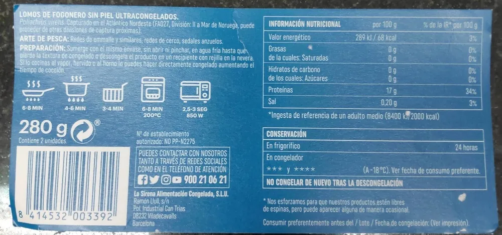 Lomos de fogonero sin piel ultracongelados