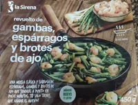 Revuelto de gambas, espárragos y brotes de ajo