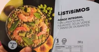 Arroz integral con langostinos, aguacate, soja verde y vainas de guisantes