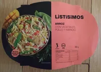 Arroz con vegetales, pollo y mango