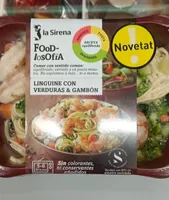 Linguine con verduras y gambón