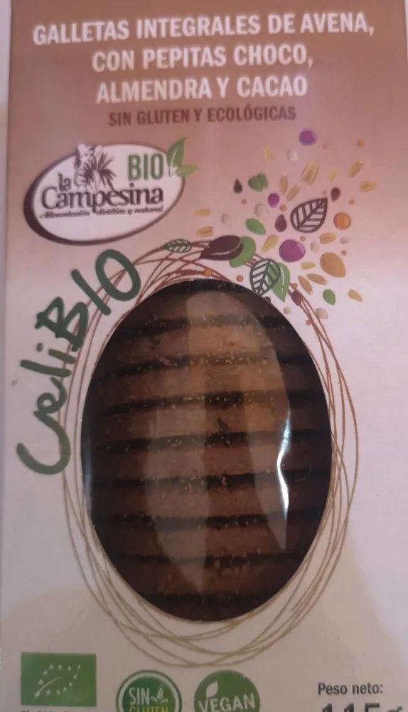 Galletas integrales, avena, choco y almendras s/gluten